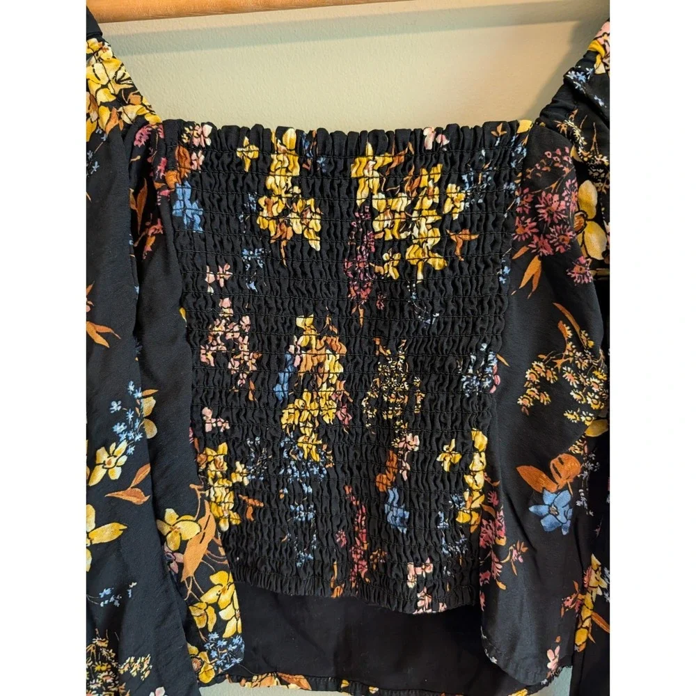 Abercrombie Fitch Black Floral Puff Sleeve Smocked Square Neck Top XS Whimsigoth